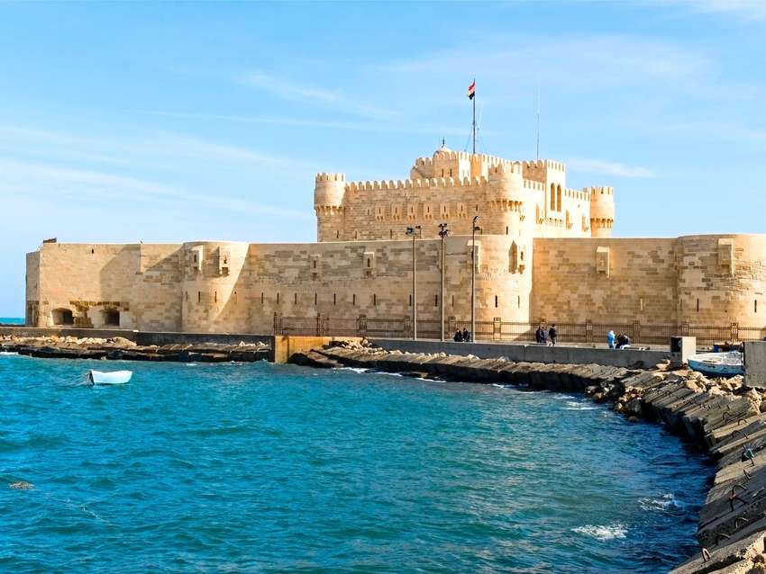 Alexandria’s coastal view with historic landmarks, Egypt.