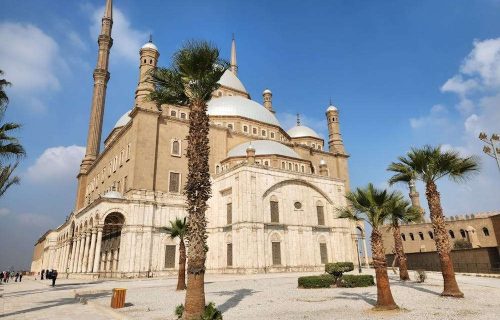 View of the Egyptian Museum and Salah El-Din Citadel with Mohamed Ali Mosque in Cairo